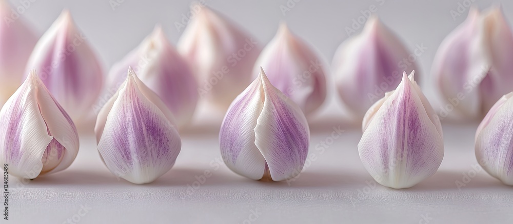 Poster delicate white and purple tulip buds arranged in a linear pattern on a soft gray background showcasi