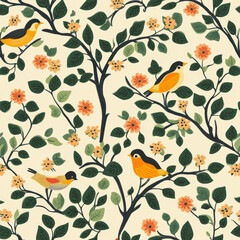 Seamless pattern of birds on floral branches