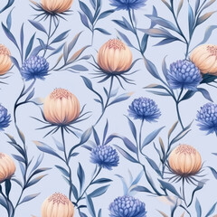 Seamless pattern with blue and peach flowers on light background
