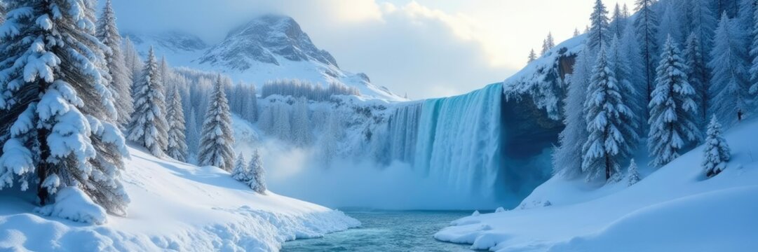 Snowy firn with a frozen waterfall in the background and clouds, frozen, firn
