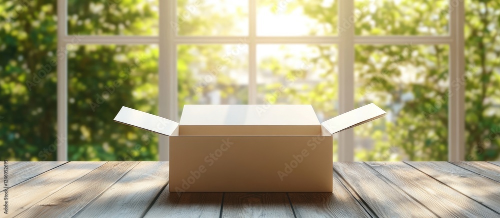Poster open cardboard box on a wooden table with sunlight filtering through greenery in the background, cre