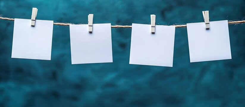 White index cards clipped to a clothesline against a blue background, creating a minimalist and visually appealing arrangement.