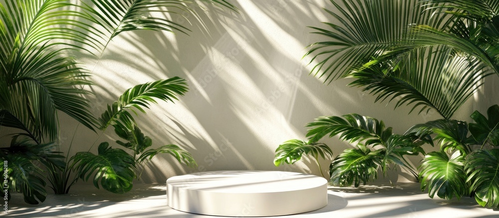 Poster white circular podium centrally positioned amidst vibrant green palm leaves casts beautiful shadows,