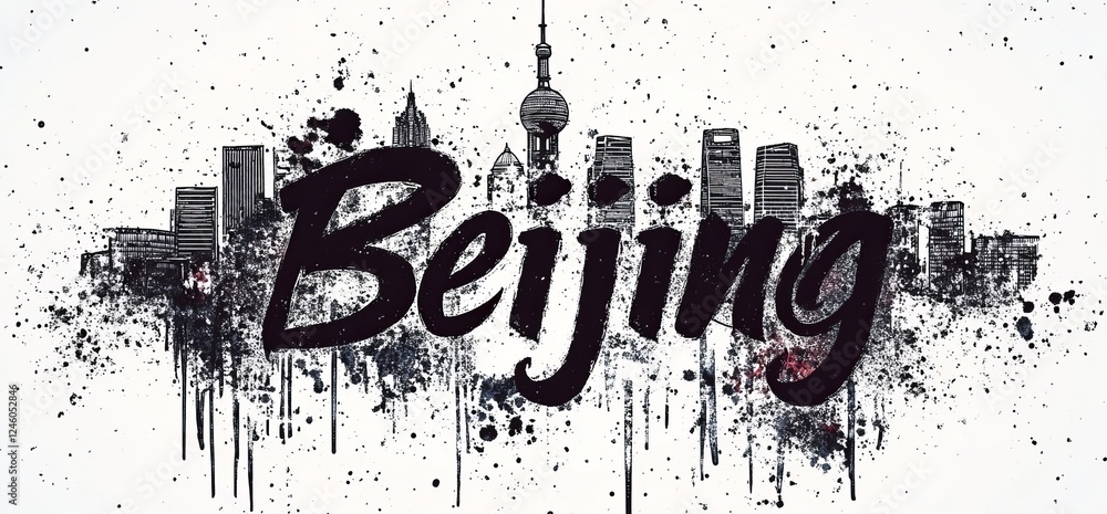 Poster artistic representation of beijing skyline with urban elements and splashes of color