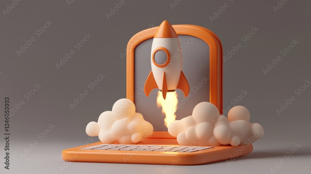 Aufkleber startup concept with rocket flying out of laptop screen on grey background. 3d rendering