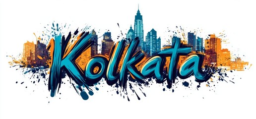 Vibrant artistic representation of Kolkata skyline with colorful splashes and modern buildings at sunset