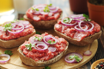 Traditional German sandwiches with minced meat Mettbroetchen	