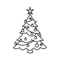 Simple black and white Christmas tree illustration with ornaments. coloring page for kids. KDP