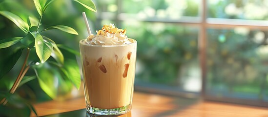 Iced coffee drink with whipped cream and nuts, placed on a wooden table, with greenery and natural light in the background creating a refreshing atmosphere.