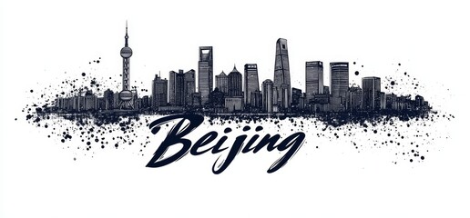 Fototapeta premium Beijing skyline illustration showcasing modern architecture and iconic structures at twilight with vibrant artistic visuals