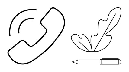 Phone receiver with sound waves, leaf, and pen. Ideal for business, communication, creativity, productivity, nature office settings modern design concepts. Monochrome line flat metaphor