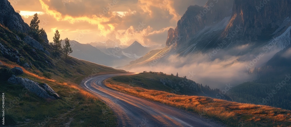 Poster rugged mountain road winding through twilight mist with golden hues and dramatic clouds in the backg