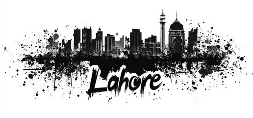 Black and white skyline illustration of Lahore showcasing modern architecture and cultural landmarks
