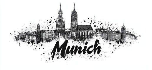 Obraz premium Artistic depiction of Munich skyline showcasing historic architecture and urban landscape in black and white
