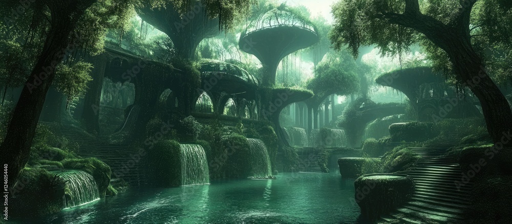 Poster a lush green fantasy forest with towering trees and waterfalls flowing into a serene pool, creating 