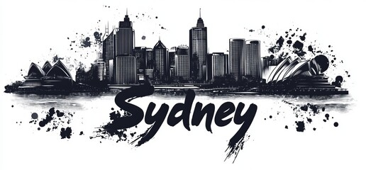 Urban skyline of Sydney showcasing iconic buildings and structures against an artistic backdrop at sunset