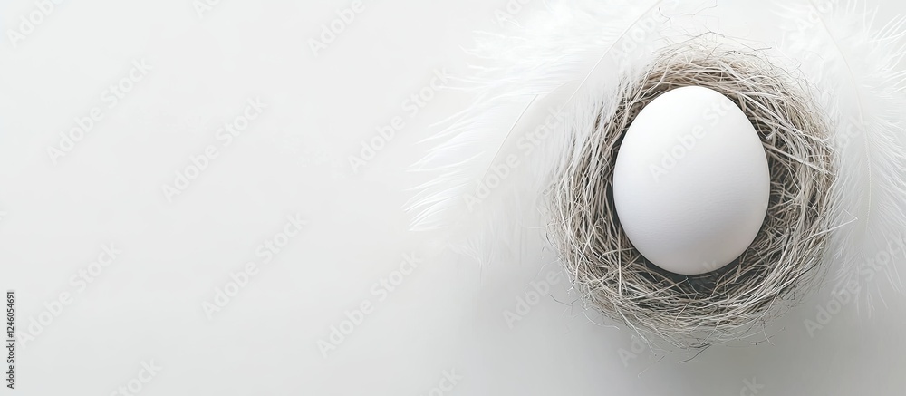 Poster pastel minimalist design highlighting a white egg surrounded by soft feathers in a delicate nest on 