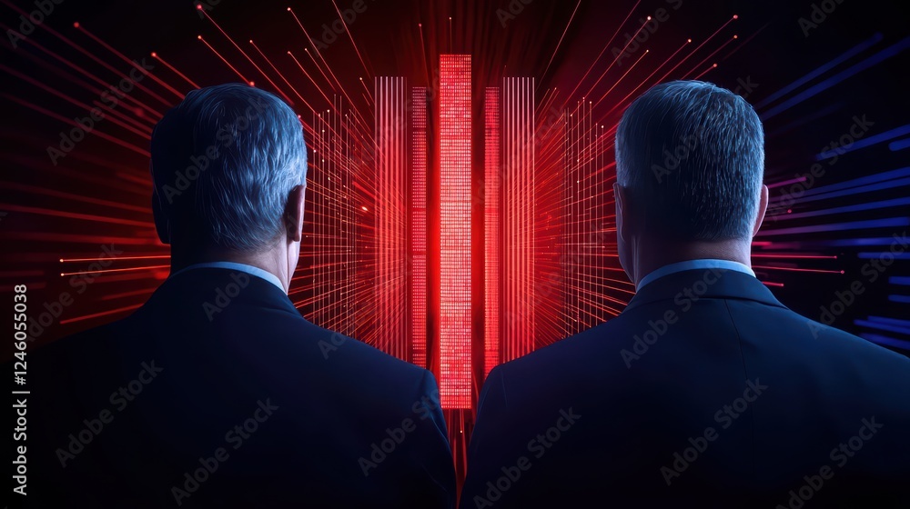 Poster two business figures watching red data visualizations in darkness