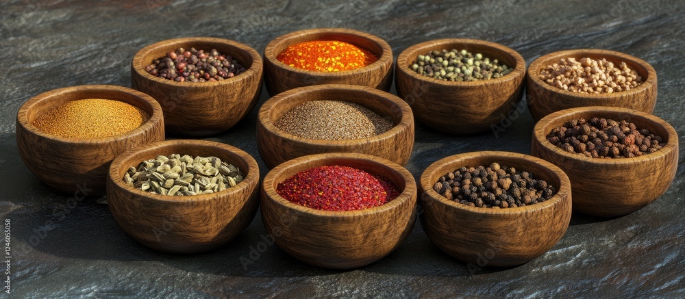 Aufkleber wooden bowls filled with diverse spices arranged in a semicircle on a textured dark stone surface wi