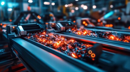 A futuristic AI-powered recycling facility sorting waste with high-speed robotic arms, glowing sensors tracking materials