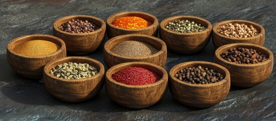 Fototapeta premium Wooden bowls filled with diverse spices arranged in a semicircle on a textured dark stone surface with ample empty space for text.