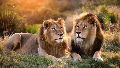 Majestic Pride Two Lions Stand Guard in a Serenic African Savannah, Basking in the Early Morning Light with Alert Expressions and Raised Heads