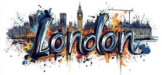 Colorful artistic representation of London skyline featuring iconic landmarks and vibrant splashes of color