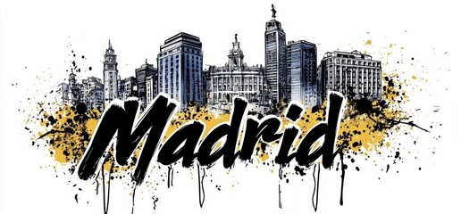 Obraz premium Artistic illustration of Madrid skyline showcasing iconic buildings and vibrant colors