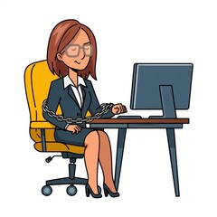 Businesswoman chained to her desk, working on computer.  Cartoon style illustration. 