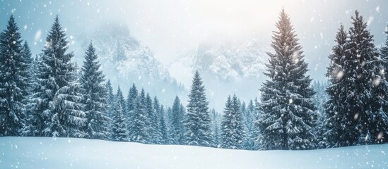 Majestic winter landscape with soft snowfall over lush green pine trees in the foreground contrasting against distant blue-gray mountains and a pale sky