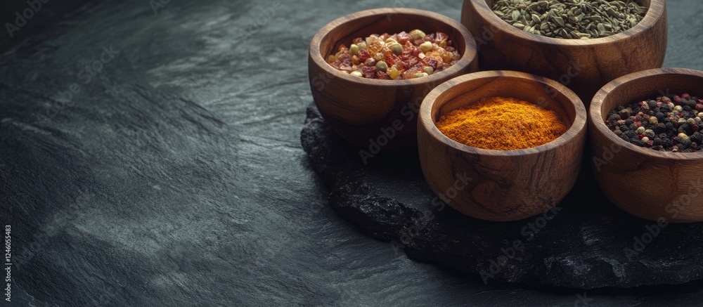 Poster wooden bowls with colorful spices arranged on dark stone surface with open space for text on the lef