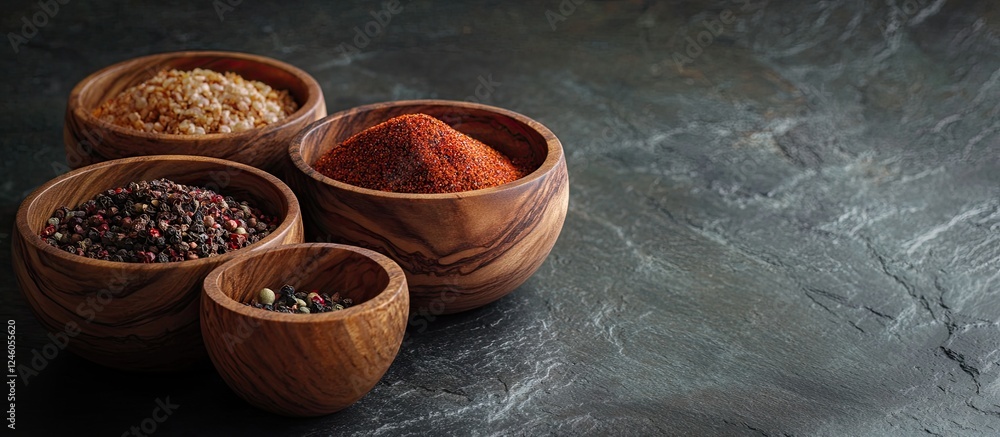 Poster wooden bowls filled with colorful spices arranged on a dark stone surface with ample space for text 