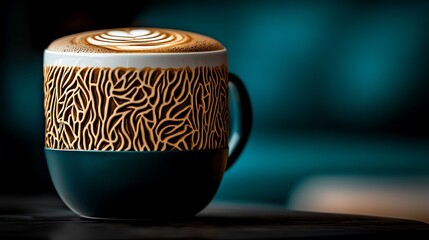Artistic latte art in a beautifully designed cup on a dark table with a blurred teal background