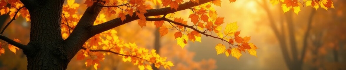 Fototapeta premium Tree branches heavy with yellow and orange leaves in autumn, autumn, landscape, foliage