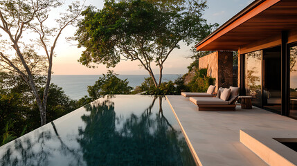 Fototapeta premium A serene modern villa with an infinity pool overlooking the ocean, surrounded by lush trees and bathed in warm sunset light.