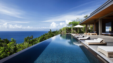 Fototapeta premium A luxurious villa with an infinity pool overlooking the ocean, surrounded by greenery and under a clear blue sky, perfect for relaxation and enjoyment.