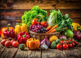 Fresh-picked fruits and vegetables burst with color in this rustic farm still life.