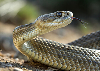 Fototapeta premium Coiled serpent, venomous strike waits