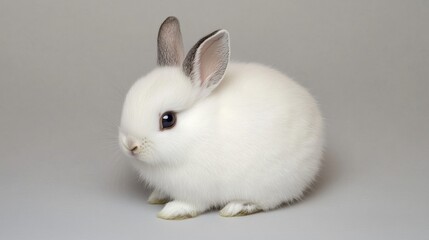 Obraz premium Cute fluffy white rabbit sitting on a neutral gray background