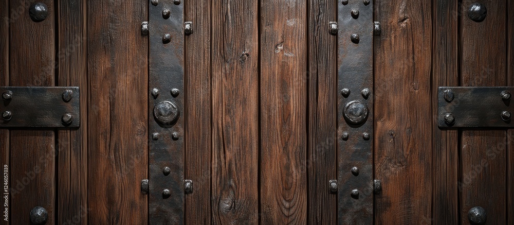 Aufkleber rustic wooden door texture featuring dark brown tones with metallic hinges and studs centered in the