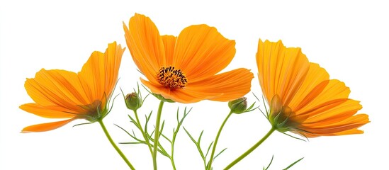 Fototapeta premium Vibrant orange cosmos flowers with delicate green stems arranged in a triangular formation against a clean white background