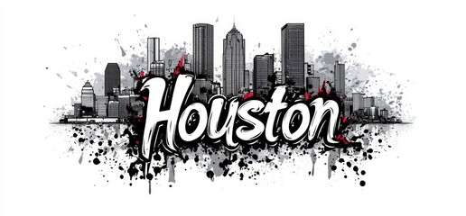 Houston skyline showcased with vibrant colors and artistic splashes illustrating urban life and culture