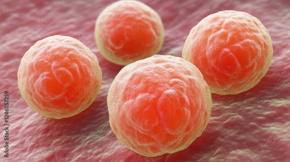 Poster close-up view of pink bacteria under microscope in lab environment