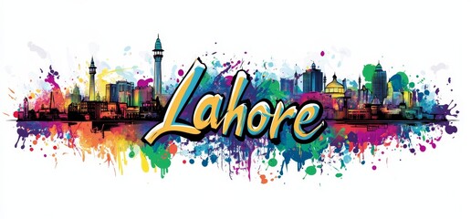 Obraz premium Colorful artistic representation of Lahore showcasing iconic landmarks and vibrant culture in a lively cityscape