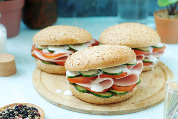 Bun sandwiches with salami and vegetables	