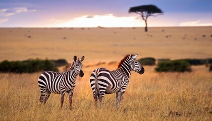 Naklejka premium Two Majestic Plains Zebras Silhouetted against the African Sunset on the Masai Mara Horizon, Kenya A Striking Wildlife Moment