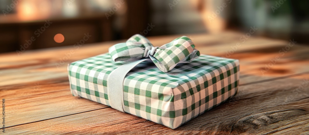 Poster gingham patterned gift box with a gray ribbon centered on a wooden table with a soft blurred backgro