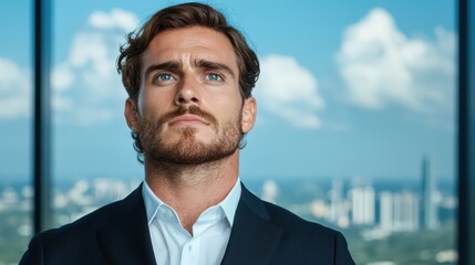 Fototapeta premium Confident Businessman Staring Out Over Cityscape with Determination