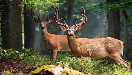 Majestic TwoPoint Buck with Velvet Antlers in Forests Enchanted Twilight, showcasing the Mystique of Wildlife and Nature in a Moody Woodland Scene