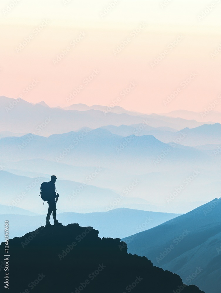 Aufkleber Silhouette of a hiker on mountain ridge at dawn with space for inspirational message. Generative AI